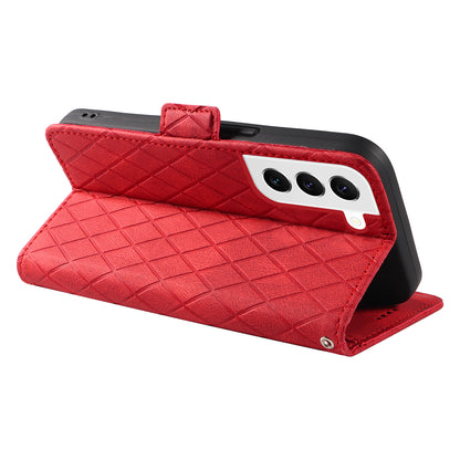 Leather Shell for Samsung Galaxy S22+ 5G Phone Case Color Splicing Rhombus Imprinted Wallet Stand Cover