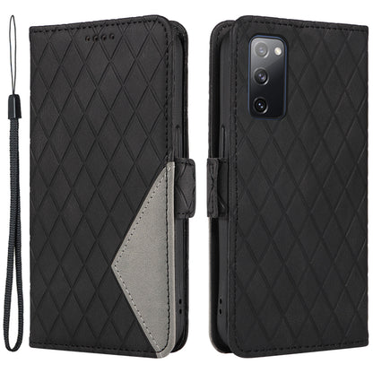For Samsung Galaxy S20 FE / S20 FE 5G / S20 FE 2022 / S20 Lite Color Splicing Leather Case Rhombus Imprinted Wallet Stand Phone Cover