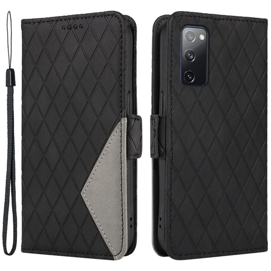 For Samsung Galaxy S20 FE / S20 FE 5G / S20 FE 2022 / S20 Lite Color Splicing Leather Case Rhombus Imprinted Wallet Stand Phone Cover