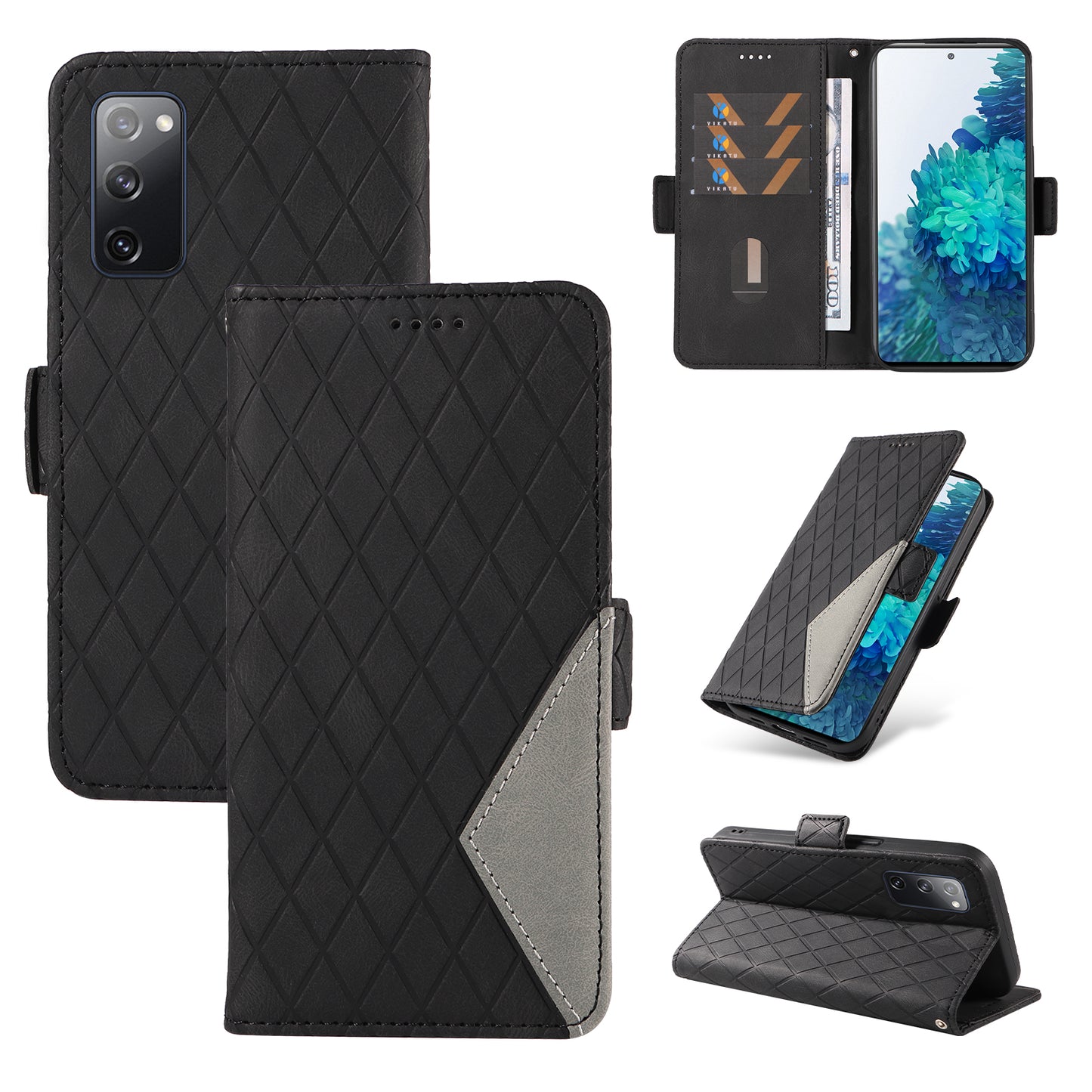 For Samsung Galaxy S20 FE / S20 FE 5G / S20 FE 2022 / S20 Lite Color Splicing Leather Case Rhombus Imprinted Wallet Stand Phone Cover