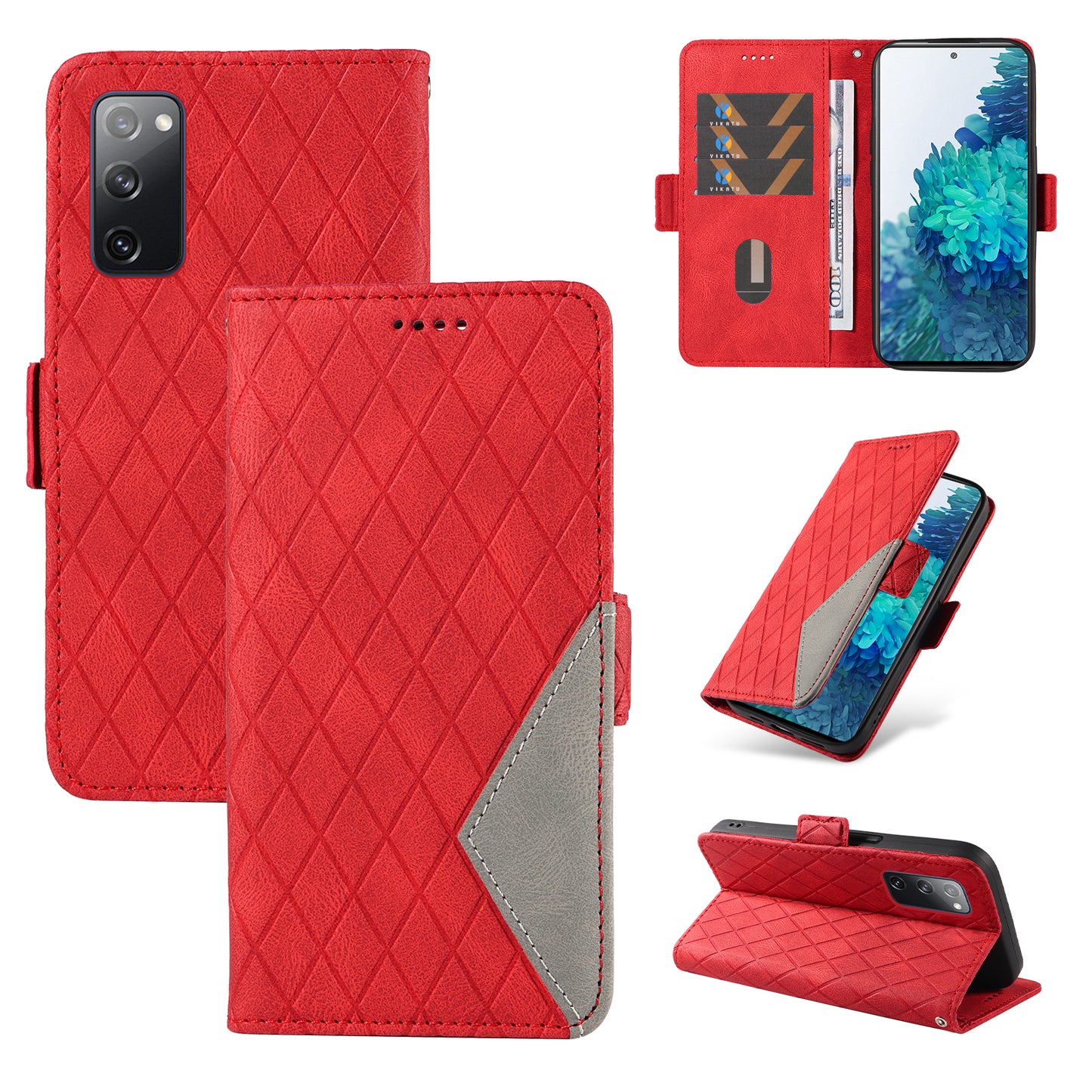 For Samsung Galaxy S20 FE / S20 FE 5G / S20 FE 2022 / S20 Lite Color Splicing Leather Case Rhombus Imprinted Wallet Stand Phone Cover