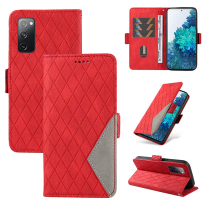For Samsung Galaxy S20 FE / S20 FE 5G / S20 FE 2022 / S20 Lite Color Splicing Leather Case Rhombus Imprinted Wallet Stand Phone Cover
