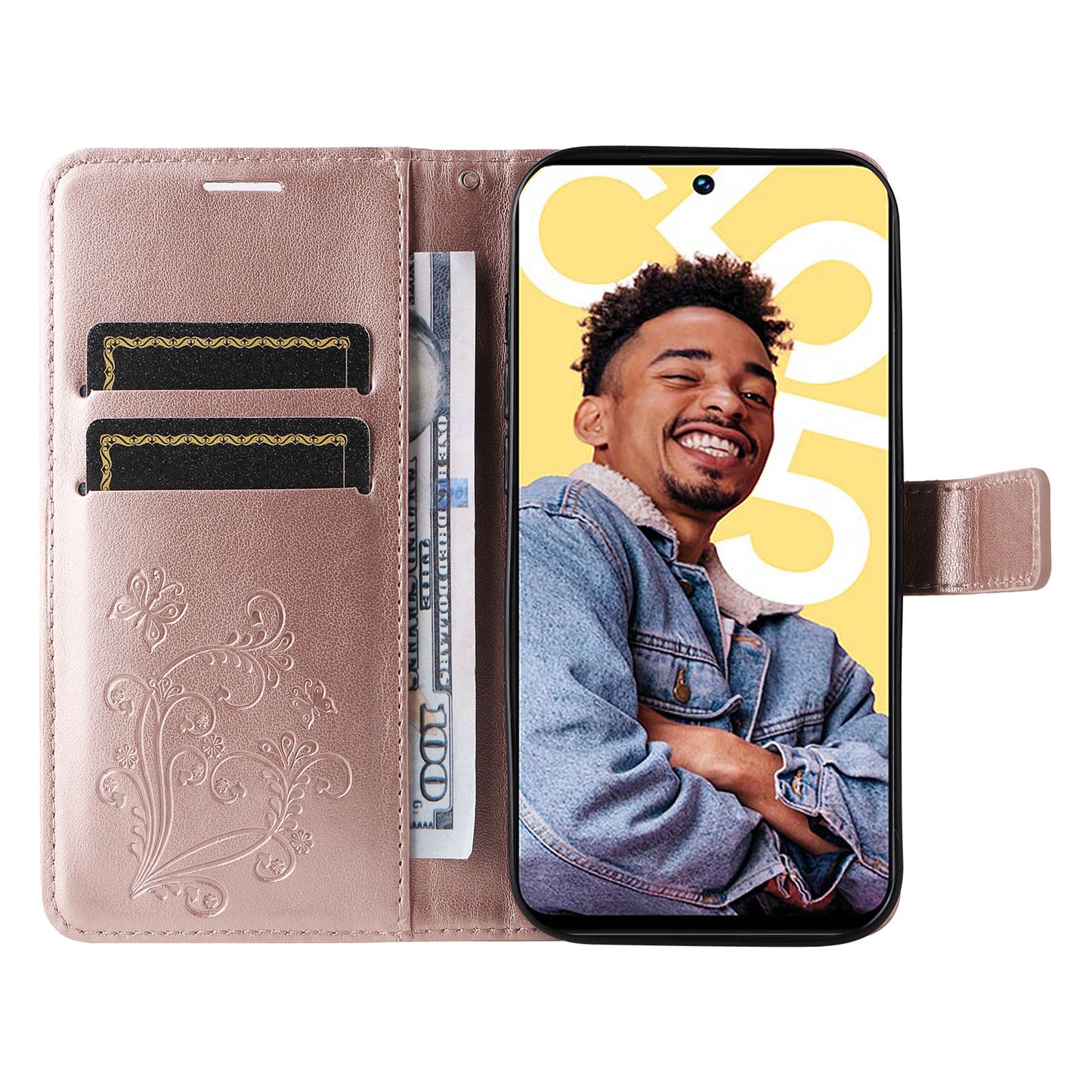 KT Imprinting Flower Series-2 For Realme C55 PU Leather Wallet Case Butterfly Imprinted Stand Phone Cover