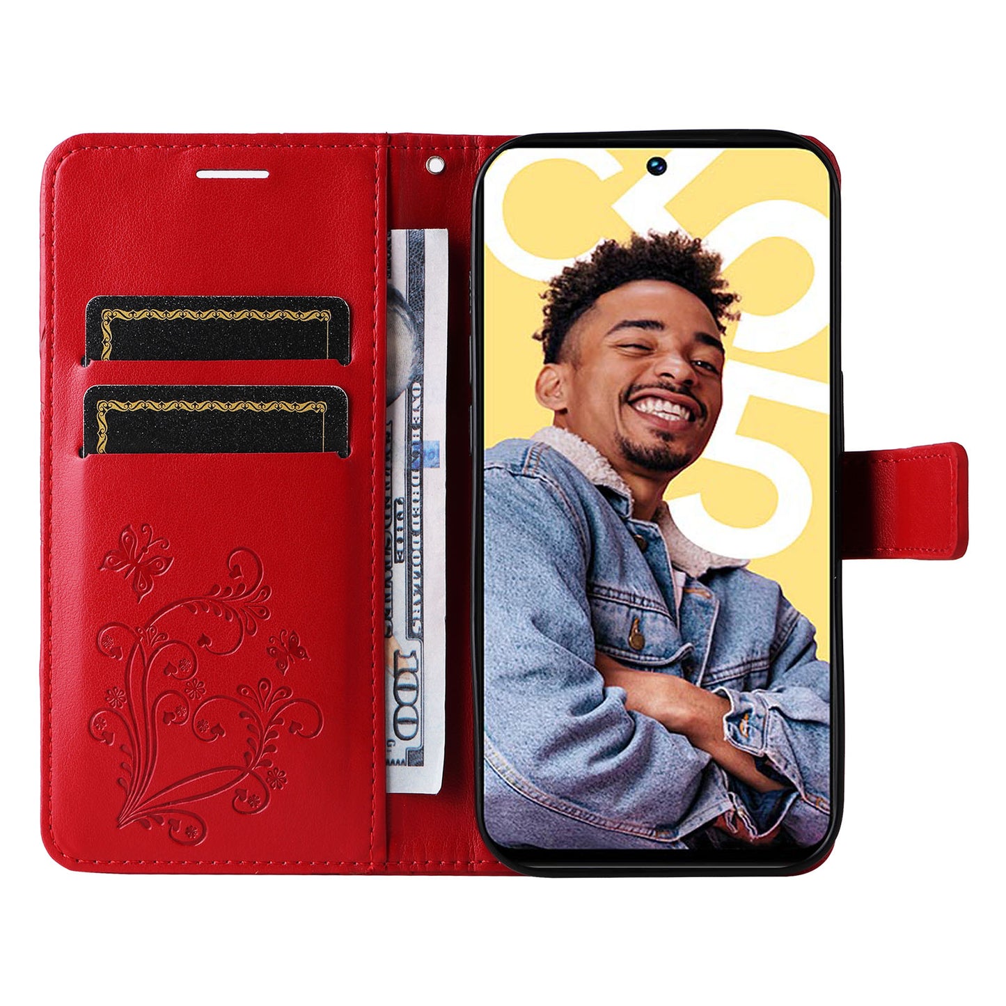 KT Imprinting Flower Series-2 For Realme C55 PU Leather Wallet Case Butterfly Imprinted Stand Phone Cover