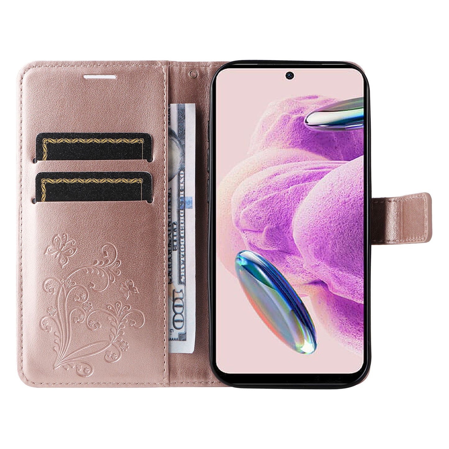KT Imprinting Flower Series-2 For Xiaomi Redmi Note 12S 4G / Note 11 4G (Qualcomm) / Note 11S 4G Cellphone Leather Case Butterfly Imprint Wallet Stand Cover
