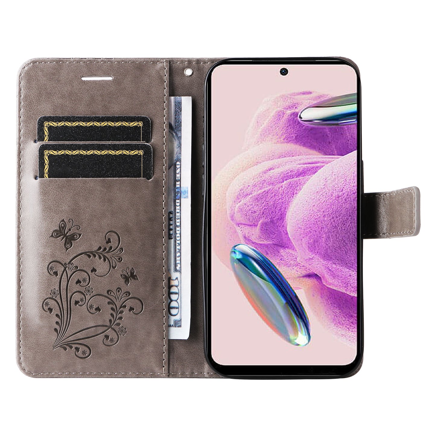 KT Imprinting Flower Series-2 For Xiaomi Redmi Note 12S 4G / Note 11 4G (Qualcomm) / Note 11S 4G Cellphone Leather Case Butterfly Imprint Wallet Stand Cover