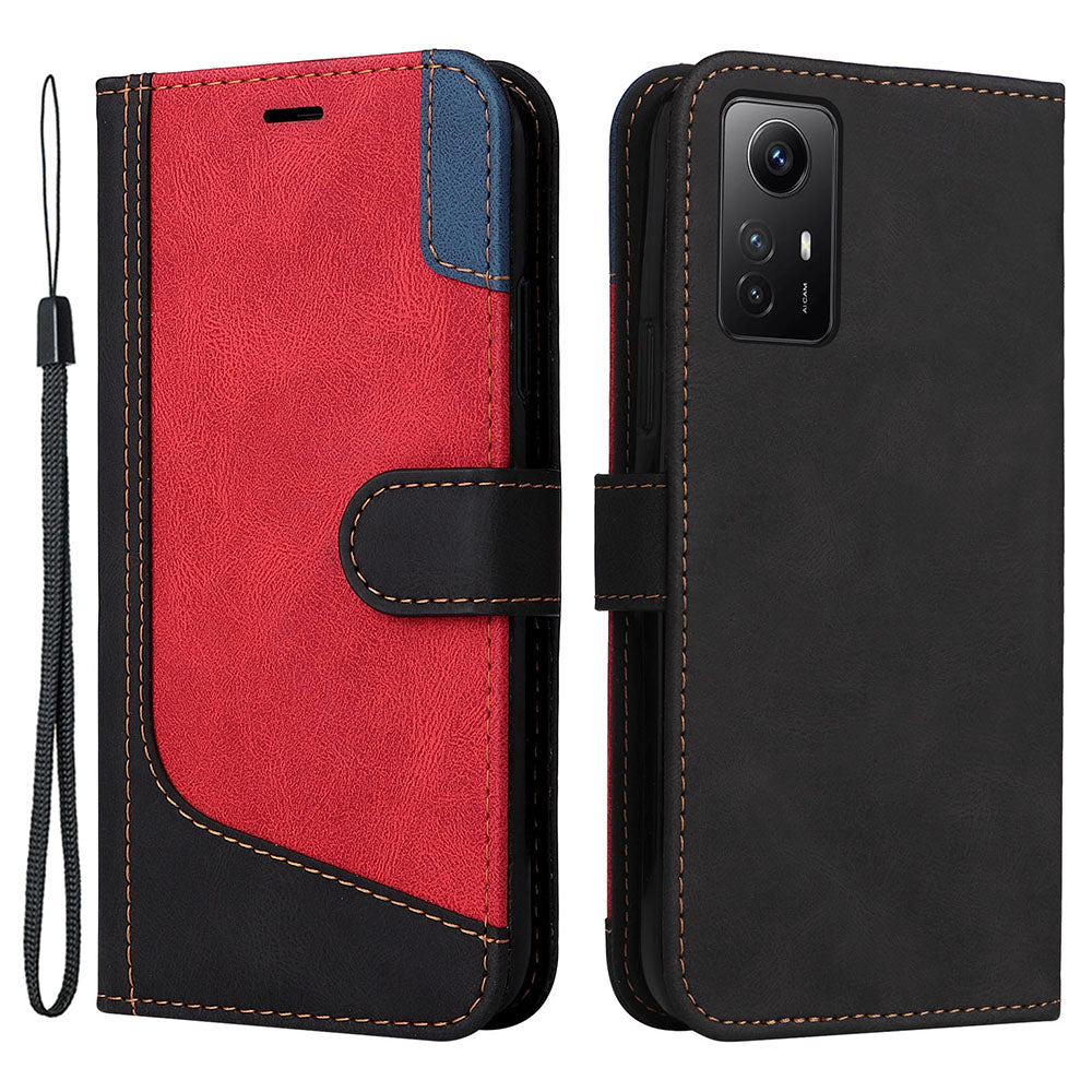 PU Leather Case for Xiaomi Redmi Note 12S 4G / Note 11 4G (Qualcomm) / Note 11S 4G Wallet Stand Three-color Splicing Phone Cover with Wrist Strap