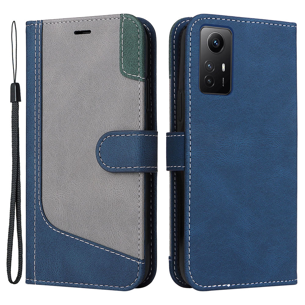 PU Leather Case for Xiaomi Redmi Note 12S 4G / Note 11 4G (Qualcomm) / Note 11S 4G Wallet Stand Three-color Splicing Phone Cover with Wrist Strap