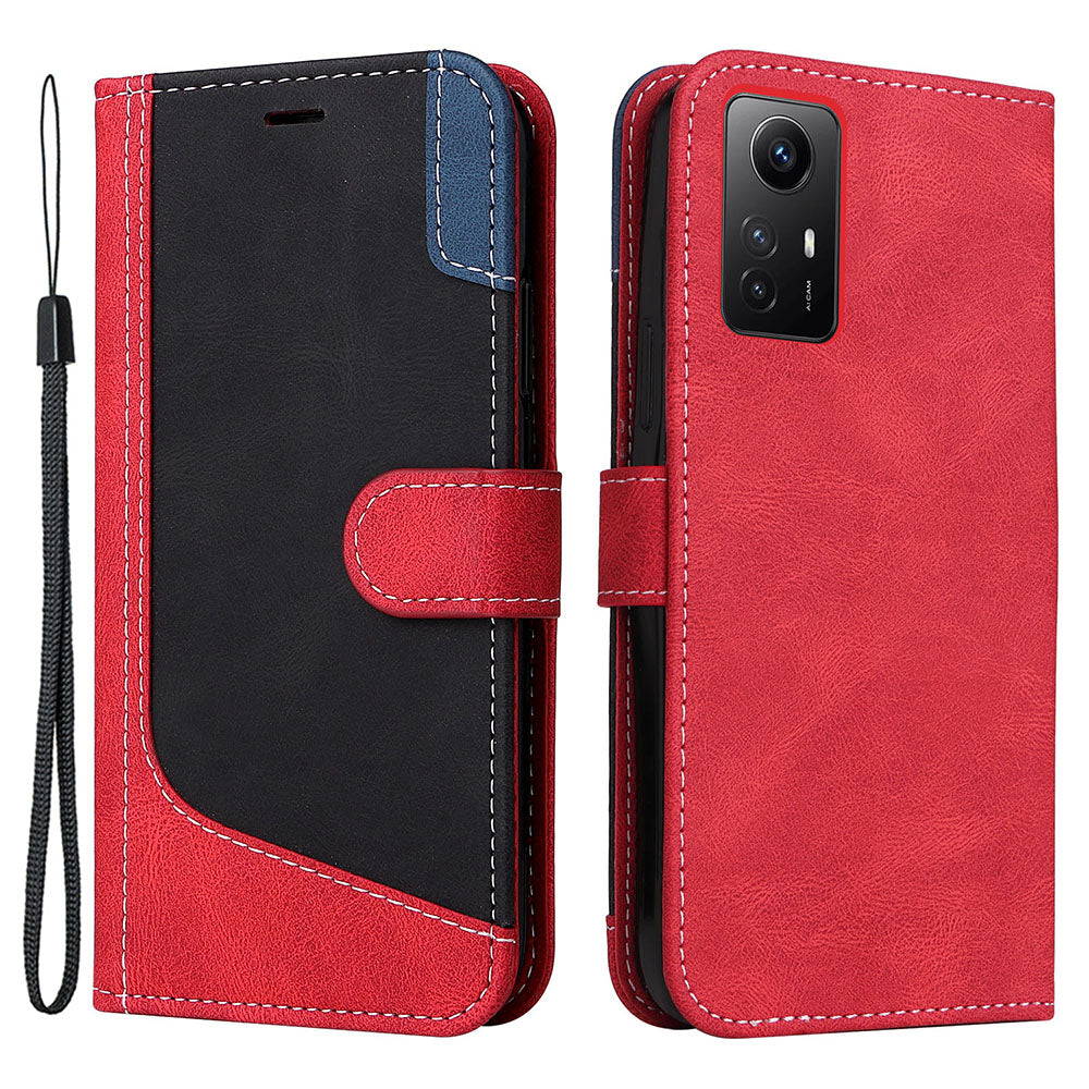 PU Leather Case for Xiaomi Redmi Note 12S 4G / Note 11 4G (Qualcomm) / Note 11S 4G Wallet Stand Three-color Splicing Phone Cover with Wrist Strap