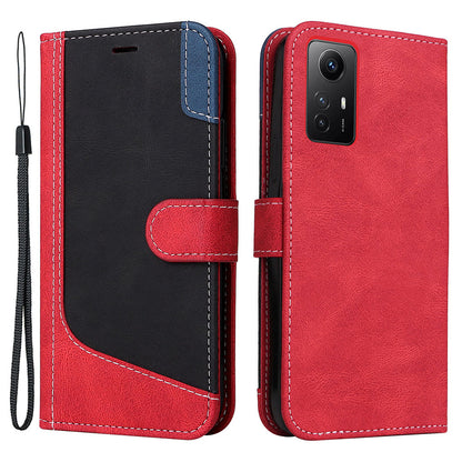 PU Leather Case for Xiaomi Redmi Note 12S 4G / Note 11 4G (Qualcomm) / Note 11S 4G Wallet Stand Three-color Splicing Phone Cover with Wrist Strap