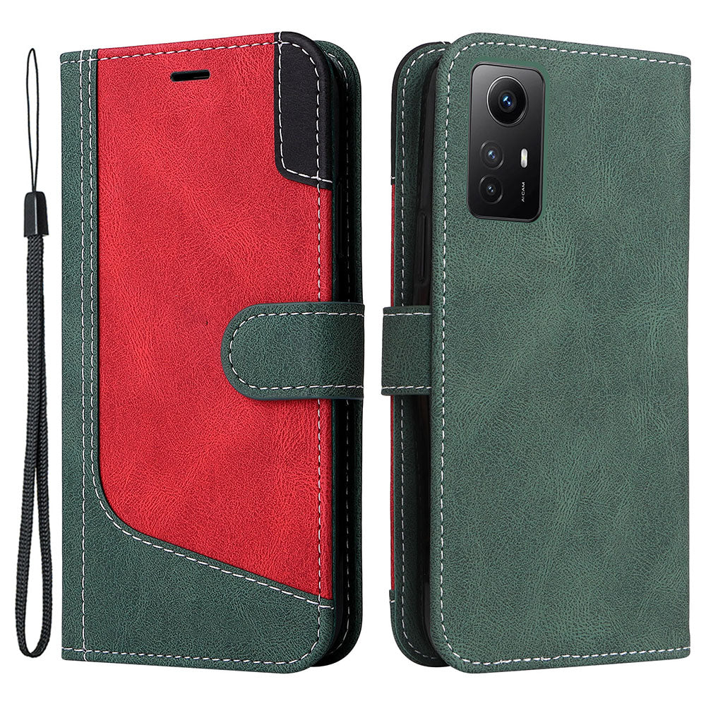 PU Leather Case for Xiaomi Redmi Note 12S 4G / Note 11 4G (Qualcomm) / Note 11S 4G Wallet Stand Three-color Splicing Phone Cover with Wrist Strap