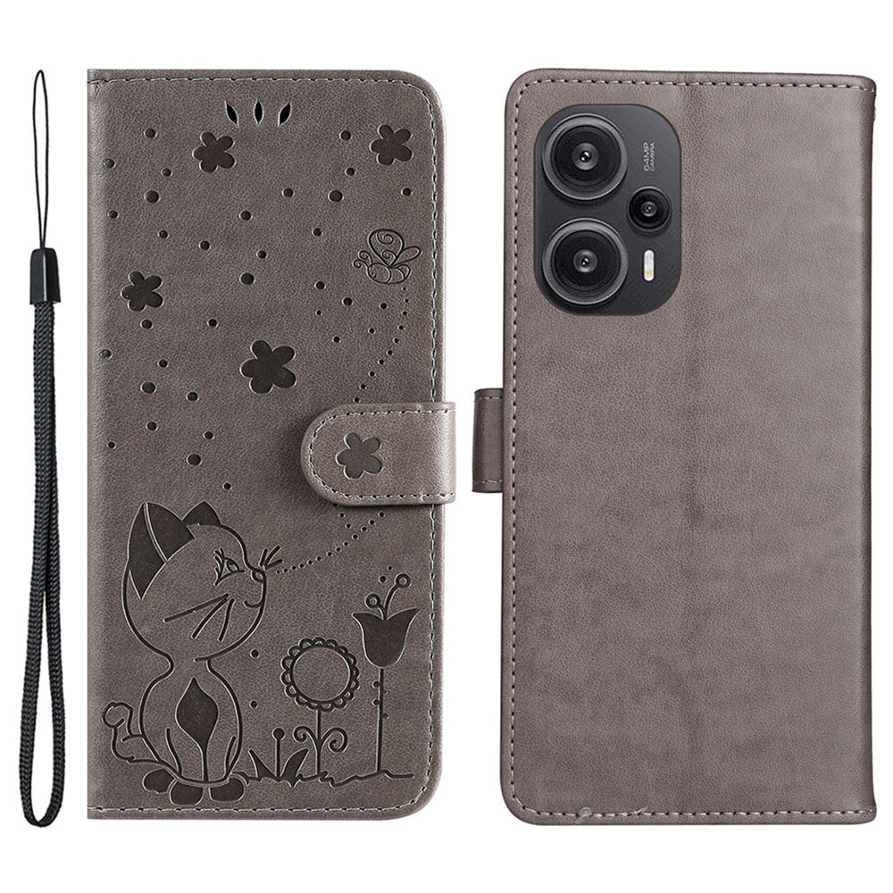 KT Imprinting Flower Series-4 For Xiaomi Redmi Note 12 Turbo / Poco F5 5G Phone Cover Cat Imprinted Leather Stand Wallet Case