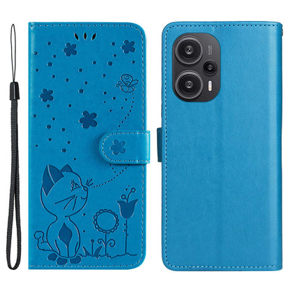 KT Imprinting Flower Series-4 For Xiaomi Redmi Note 12 Turbo / Poco F5 5G Phone Cover Cat Imprinted Leather Stand Wallet Case