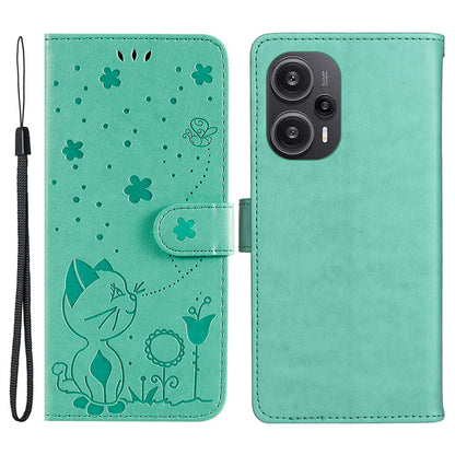 KT Imprinting Flower Series-4 For Xiaomi Redmi Note 12 Turbo / Poco F5 5G Phone Cover Cat Imprinted Leather Stand Wallet Case