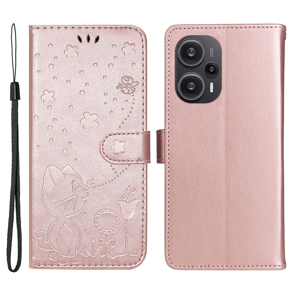 KT Imprinting Flower Series-4 For Xiaomi Redmi Note 12 Turbo / Poco F5 5G Phone Cover Cat Imprinted Leather Stand Wallet Case