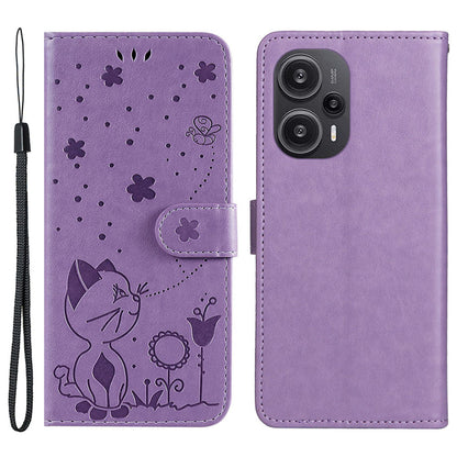 KT Imprinting Flower Series-4 For Xiaomi Redmi Note 12 Turbo / Poco F5 5G Phone Cover Cat Imprinted Leather Stand Wallet Case