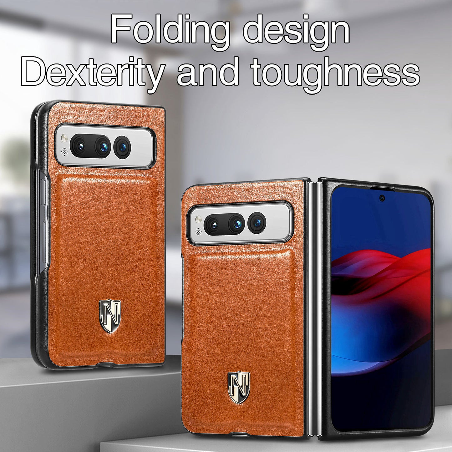 For Google Pixel Fold Cowhide Leather Coated PC Phone Case Shockproof Folding Cover