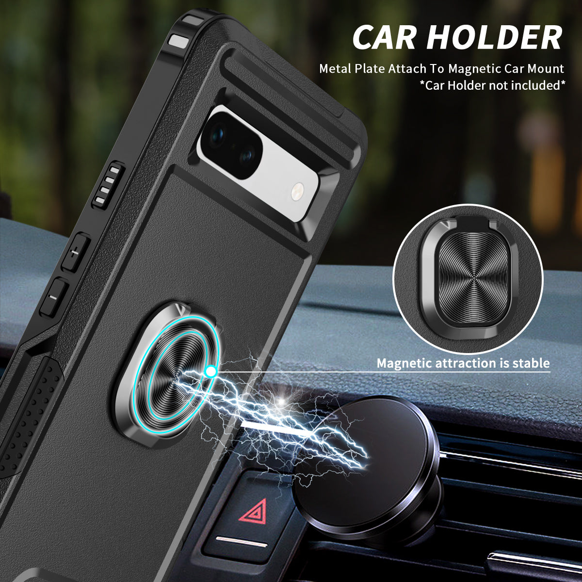 For Google Pixel 7a Hybrid Hard PC Soft TPU Phone Case Ring Car Mount Kickstand Shockproof Cover