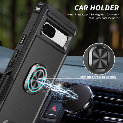 For Google Pixel 7a Hybrid Hard PC Soft TPU Phone Case Ring Car Mount Kickstand Shockproof Cover