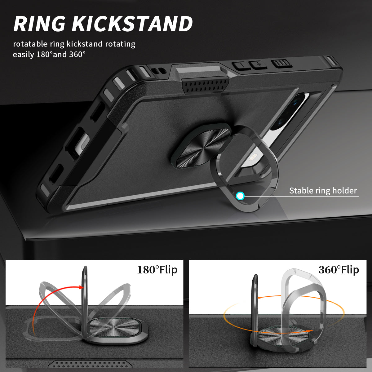 For Google Pixel 7a Hybrid Hard PC Soft TPU Phone Case Ring Car Mount Kickstand Shockproof Cover