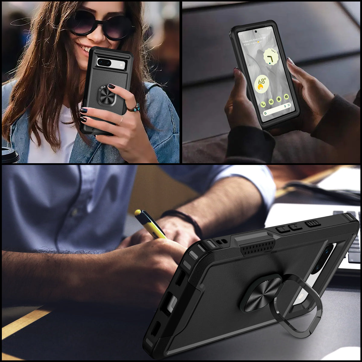 For Google Pixel 7a Hybrid Hard PC Soft TPU Phone Case Ring Car Mount Kickstand Shockproof Cover