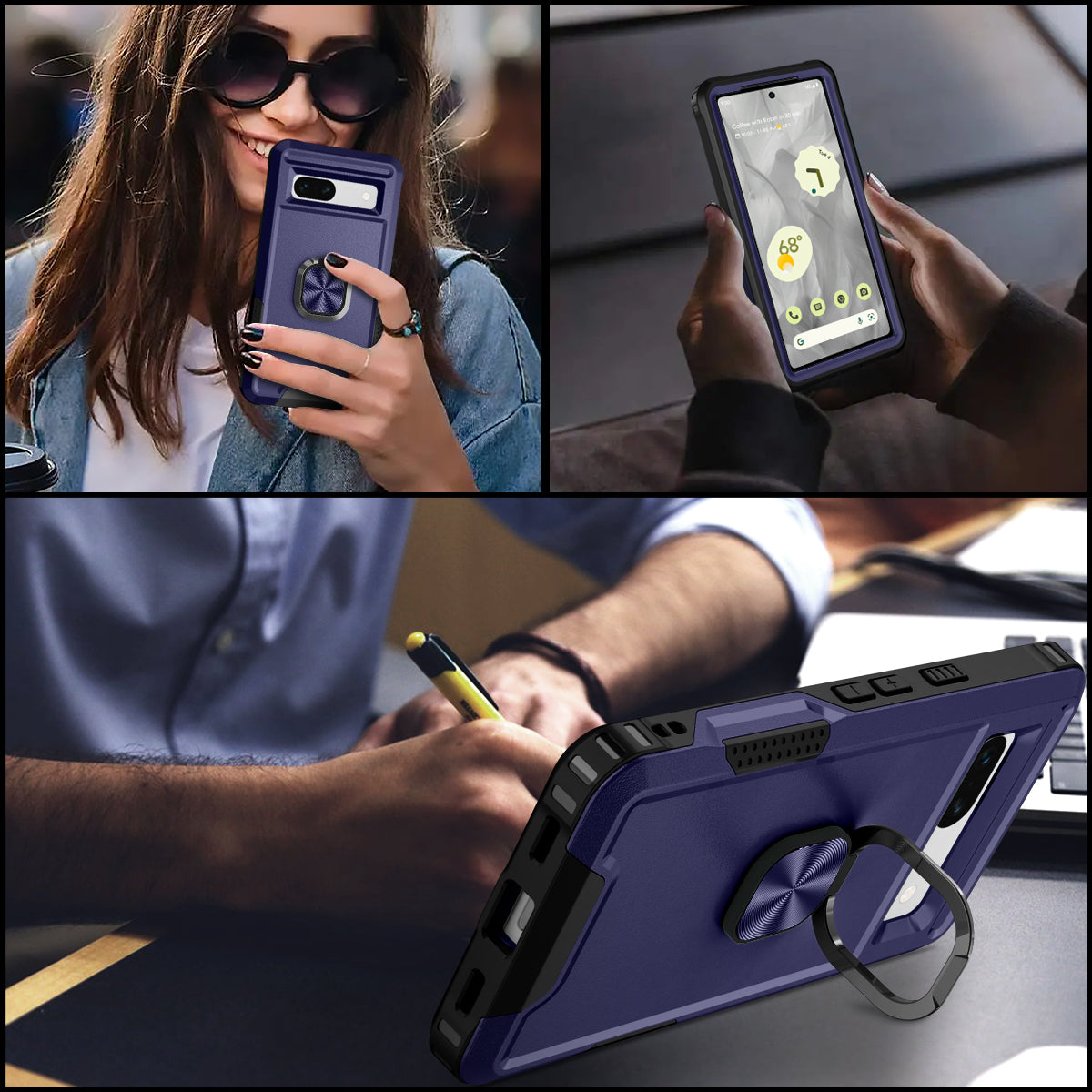 For Google Pixel 7a Hybrid Hard PC Soft TPU Phone Case Ring Car Mount Kickstand Shockproof Cover