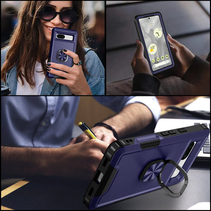 For Google Pixel 7a Hybrid Hard PC Soft TPU Phone Case Ring Car Mount Kickstand Shockproof Cover