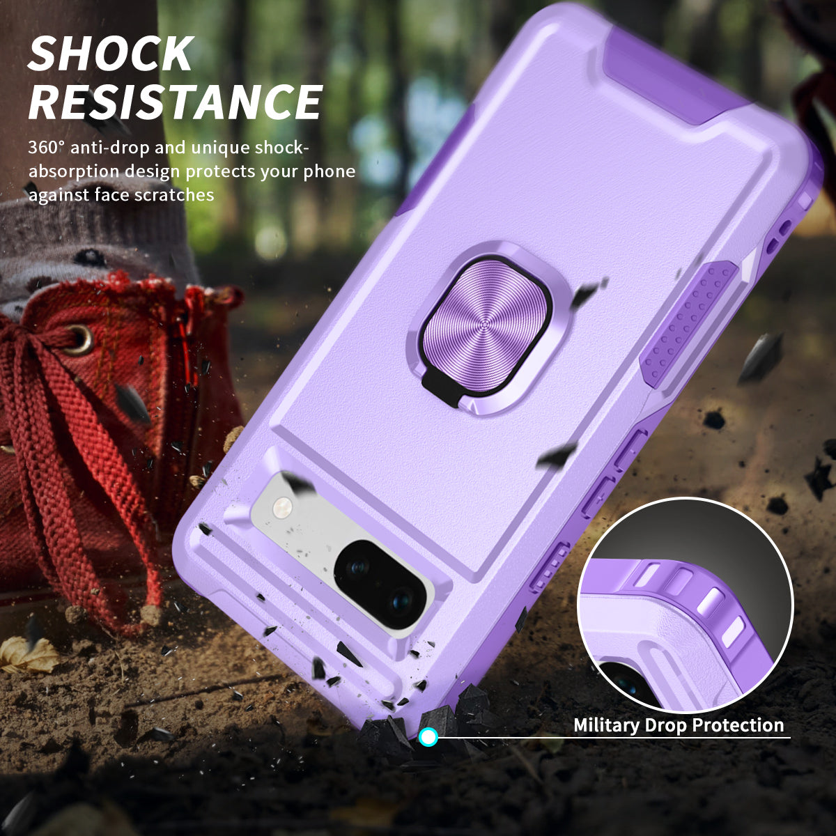 For Google Pixel 7a Hybrid Hard PC Soft TPU Phone Case Ring Car Mount Kickstand Shockproof Cover