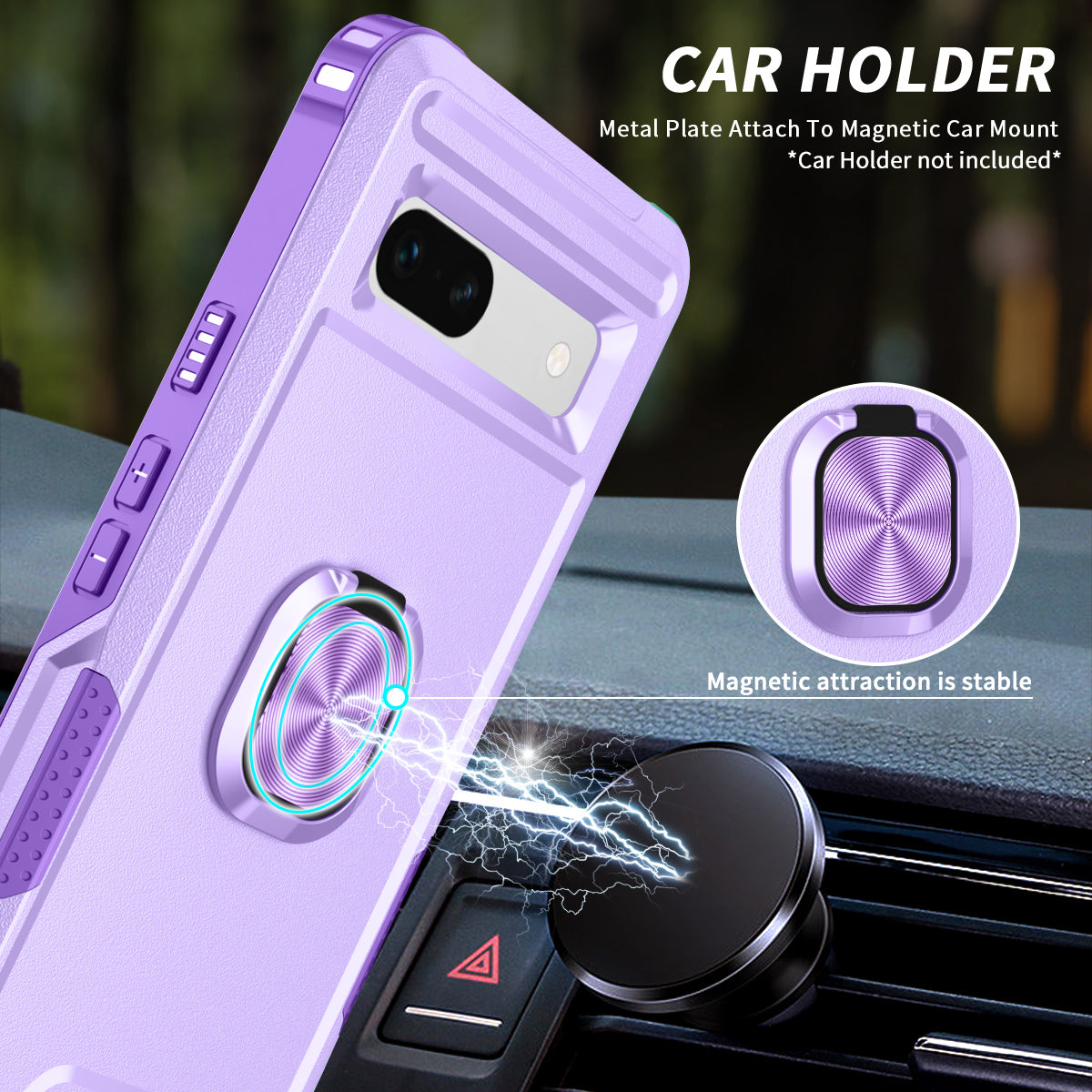 For Google Pixel 7a Hybrid Hard PC Soft TPU Phone Case Ring Car Mount Kickstand Shockproof Cover
