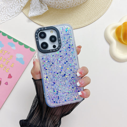 For iPhone 13 Pro Max 6.7 inch Glitter Sparkle Epoxy PC+TPU Case Camera Protection Frame Luminous Phone Cover