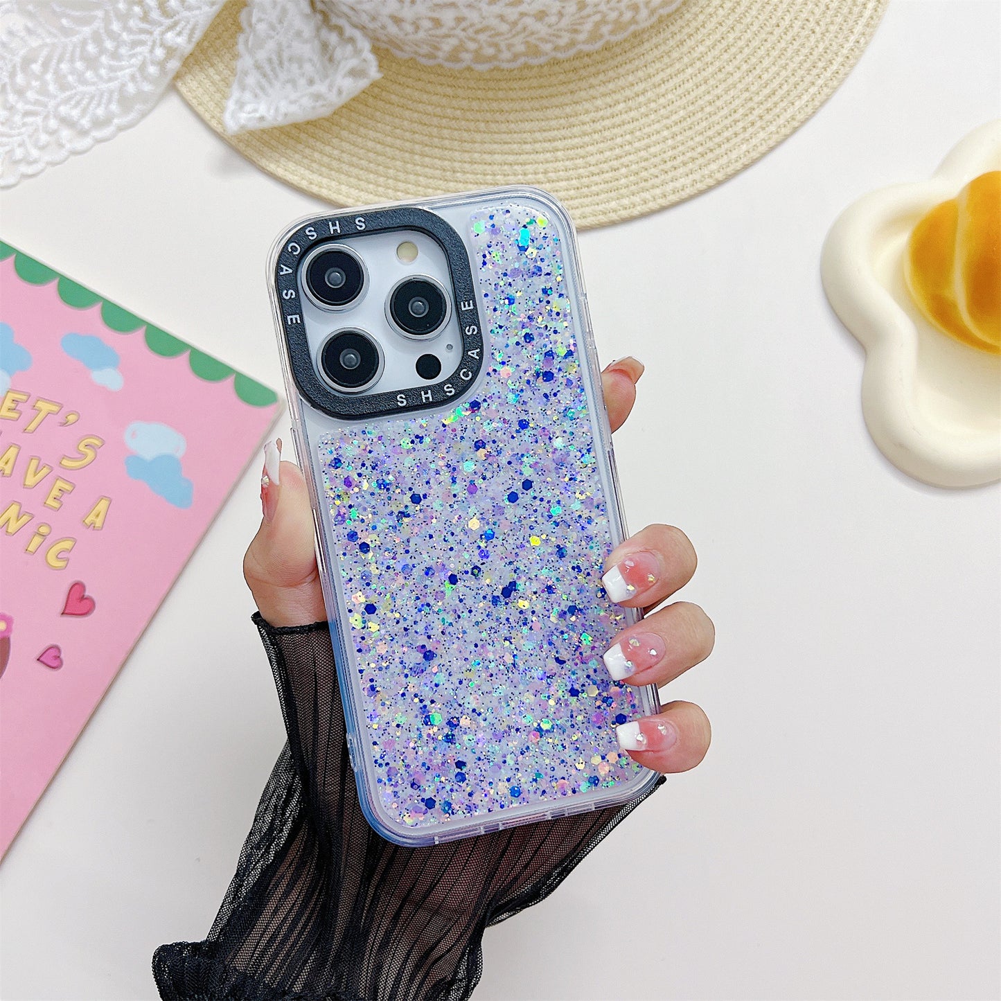 Epoxy PC+TPU Case for iPhone 13 Pro 6.1 inch Glitter Sparkle Camera Protection Frame Luminous Phone Cover