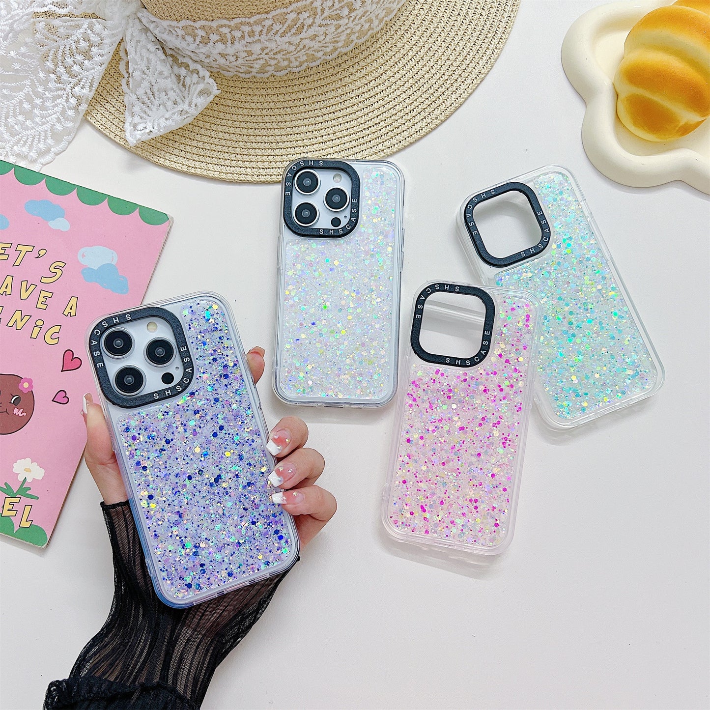 Epoxy PC+TPU Case for iPhone 13 Pro 6.1 inch Glitter Sparkle Camera Protection Frame Luminous Phone Cover
