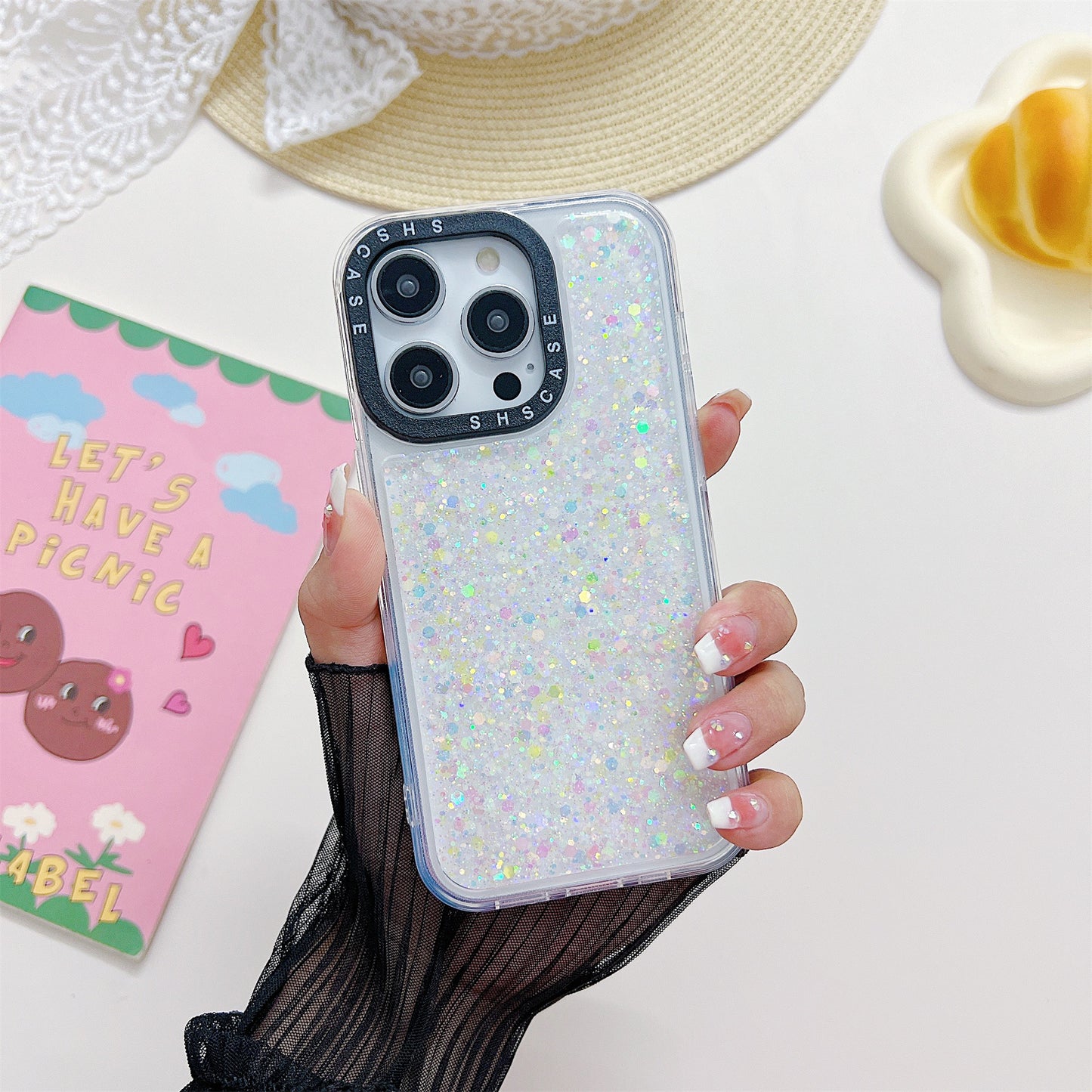 Epoxy PC+TPU Case for iPhone 13 Pro 6.1 inch Glitter Sparkle Camera Protection Frame Luminous Phone Cover
