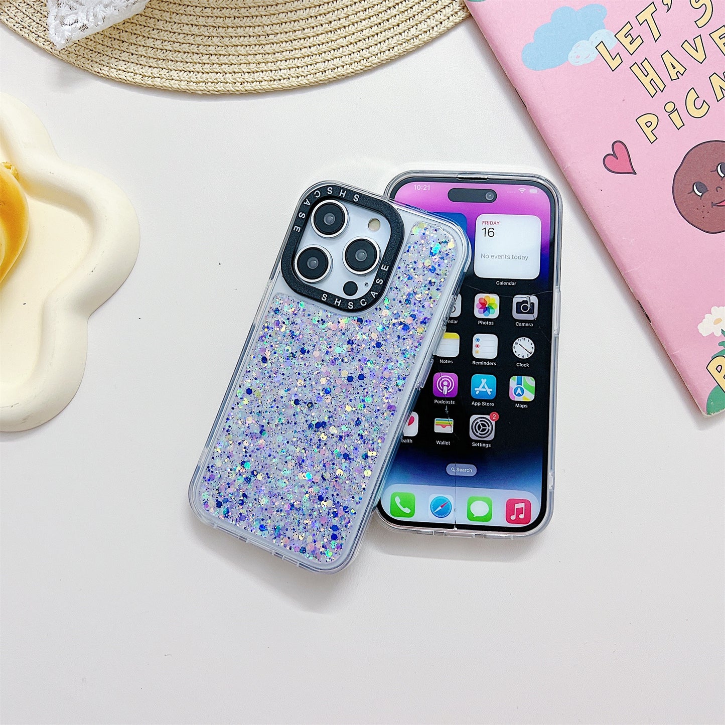 PC+TPU Case for iPhone 14 Pro Max Camera Protection Frame Epoxy Glitter Sparkle Luminous Phone Cover