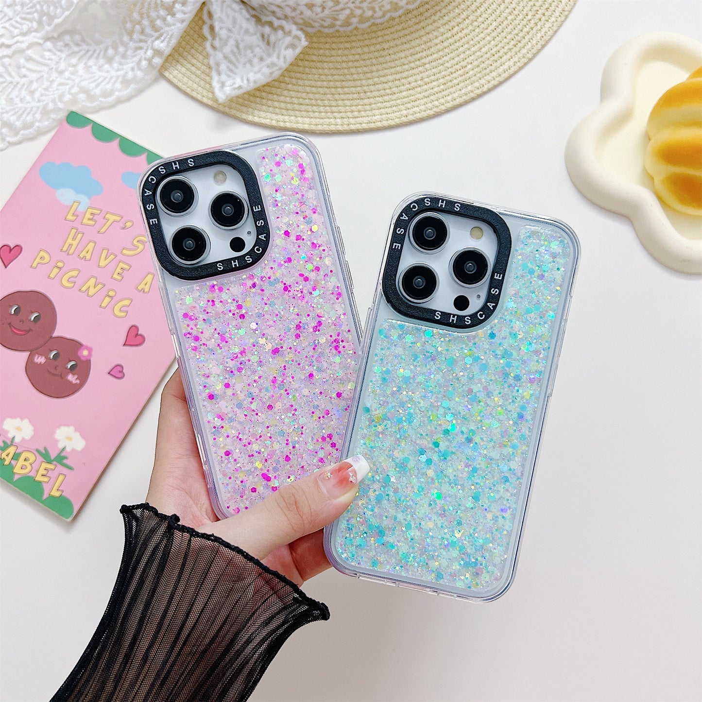 PC+TPU Case for iPhone 14 Pro Max Camera Protection Frame Epoxy Glitter Sparkle Luminous Phone Cover
