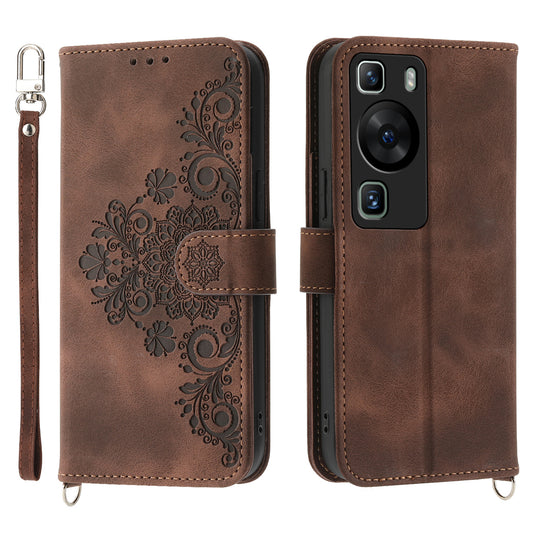 Wallet Phone Case for Huawei P60 / P60 Pro Shockproof Case Skin-Touch Imprinted Flower Leather Flip Cover with Strap