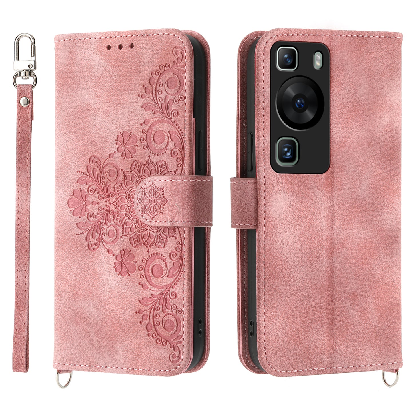 Wallet Phone Case for Huawei P60 / P60 Pro Shockproof Case Skin-Touch Imprinted Flower Leather Flip Cover with Strap