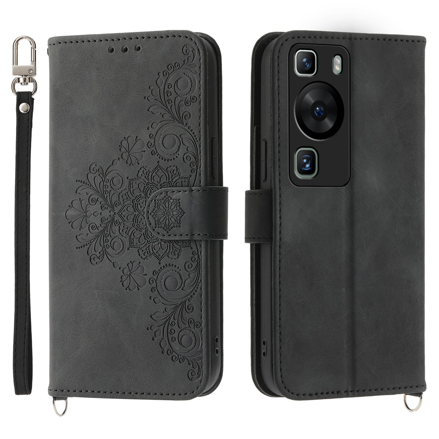 Wallet Phone Case for Huawei P60 / P60 Pro Shockproof Case Skin-Touch Imprinted Flower Leather Flip Cover with Strap