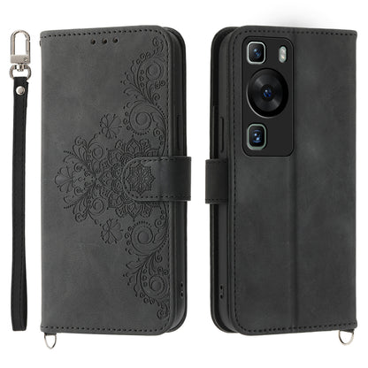 Wallet Phone Case for Huawei P60 / P60 Pro Shockproof Case Skin-Touch Imprinted Flower Leather Flip Cover with Strap