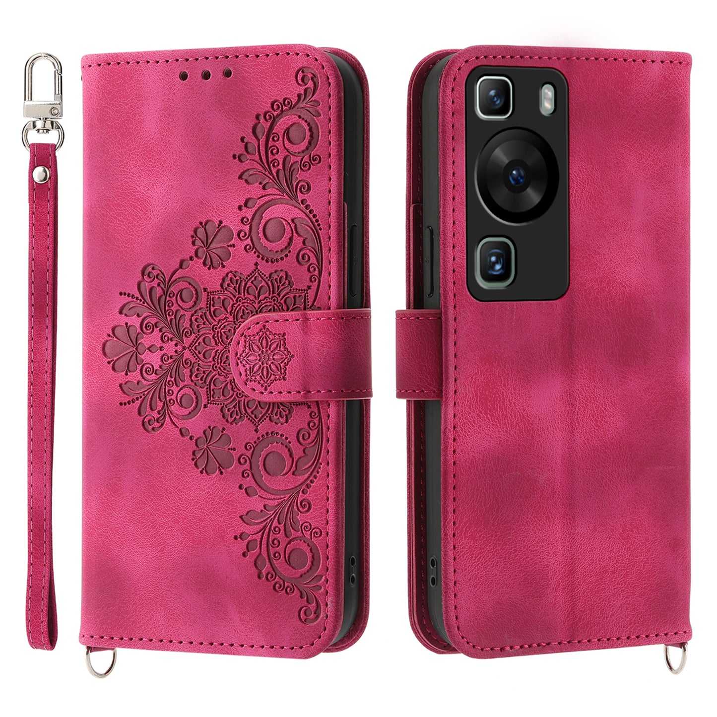 Wallet Phone Case for Huawei P60 / P60 Pro Shockproof Case Skin-Touch Imprinted Flower Leather Flip Cover with Strap