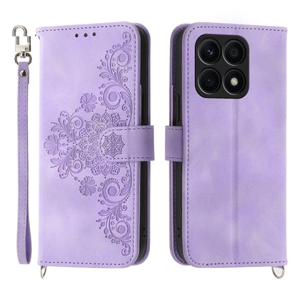 Shockproof Leather Cover for Honor X8a 4G Wallet Phone Case Imprinted Flower Skin-Touch Phone Shell with Strap