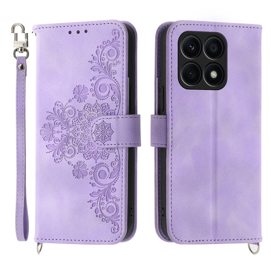 Shockproof Leather Cover for Honor X8a 4G Wallet Phone Case Imprinted Flower Skin-Touch Phone Shell with Strap