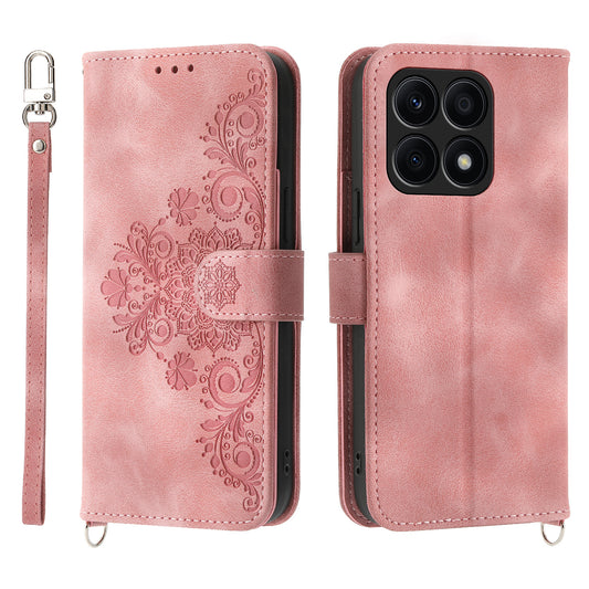Shockproof Leather Cover for Honor X8a 4G Wallet Phone Case Imprinted Flower Skin-Touch Phone Shell with Strap
