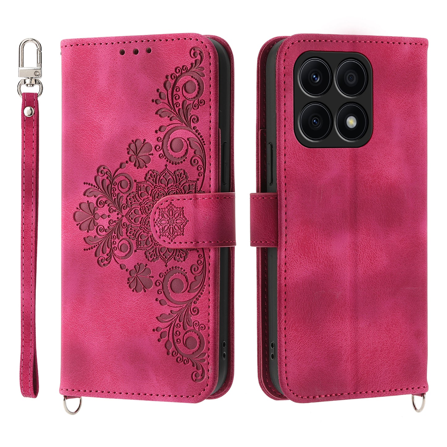 Shockproof Leather Cover for Honor X8a 4G Wallet Phone Case Imprinted Flower Skin-Touch Phone Shell with Strap
