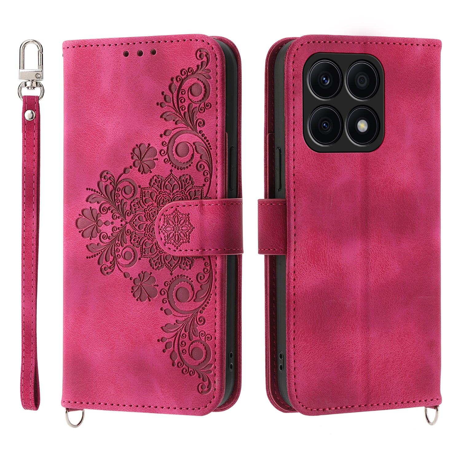 Shockproof Leather Cover for Honor X8a 4G Wallet Phone Case Imprinted Flower Skin-Touch Phone Shell with Strap