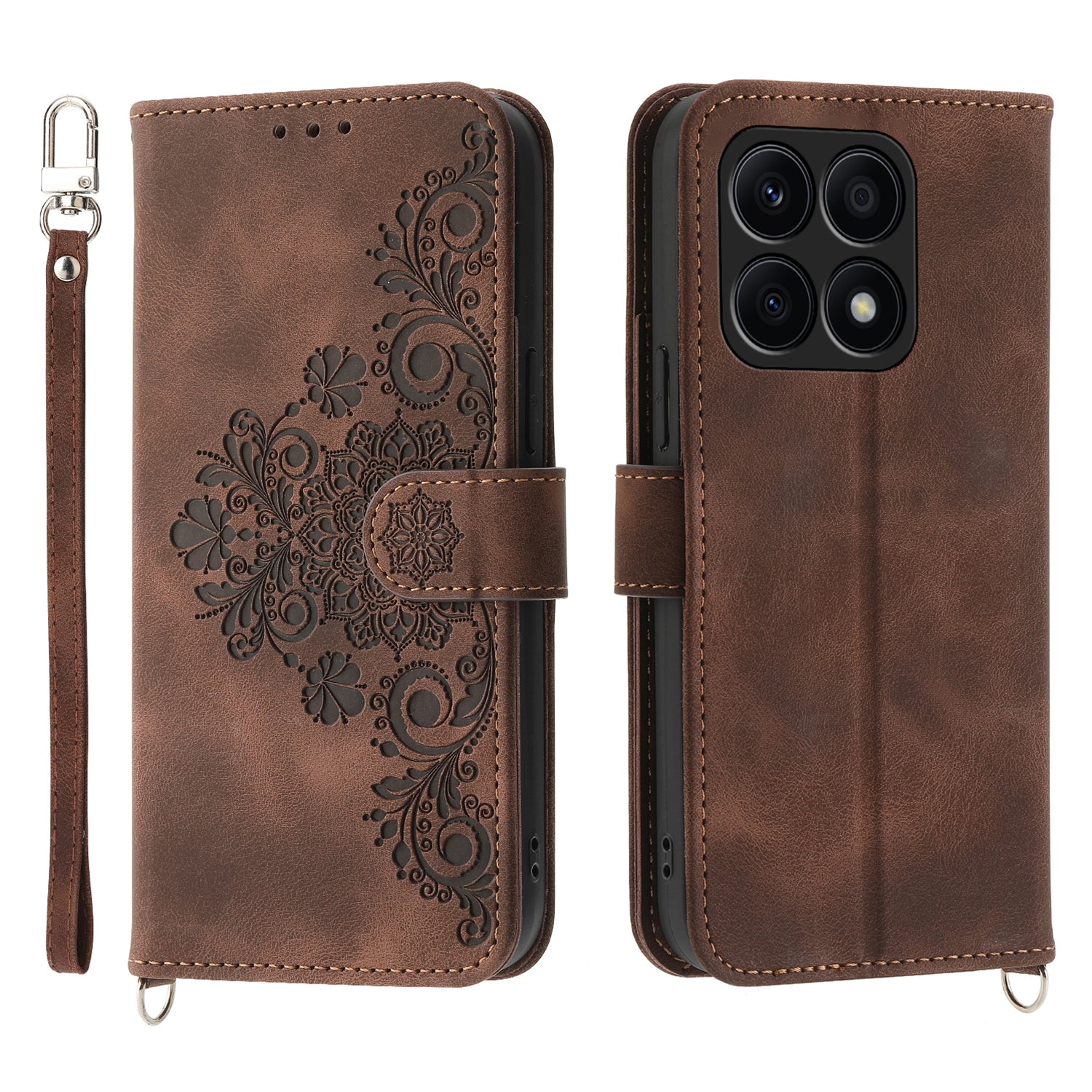 Shockproof Leather Cover for Honor X8a 4G Wallet Phone Case Imprinted Flower Skin-Touch Phone Shell with Strap