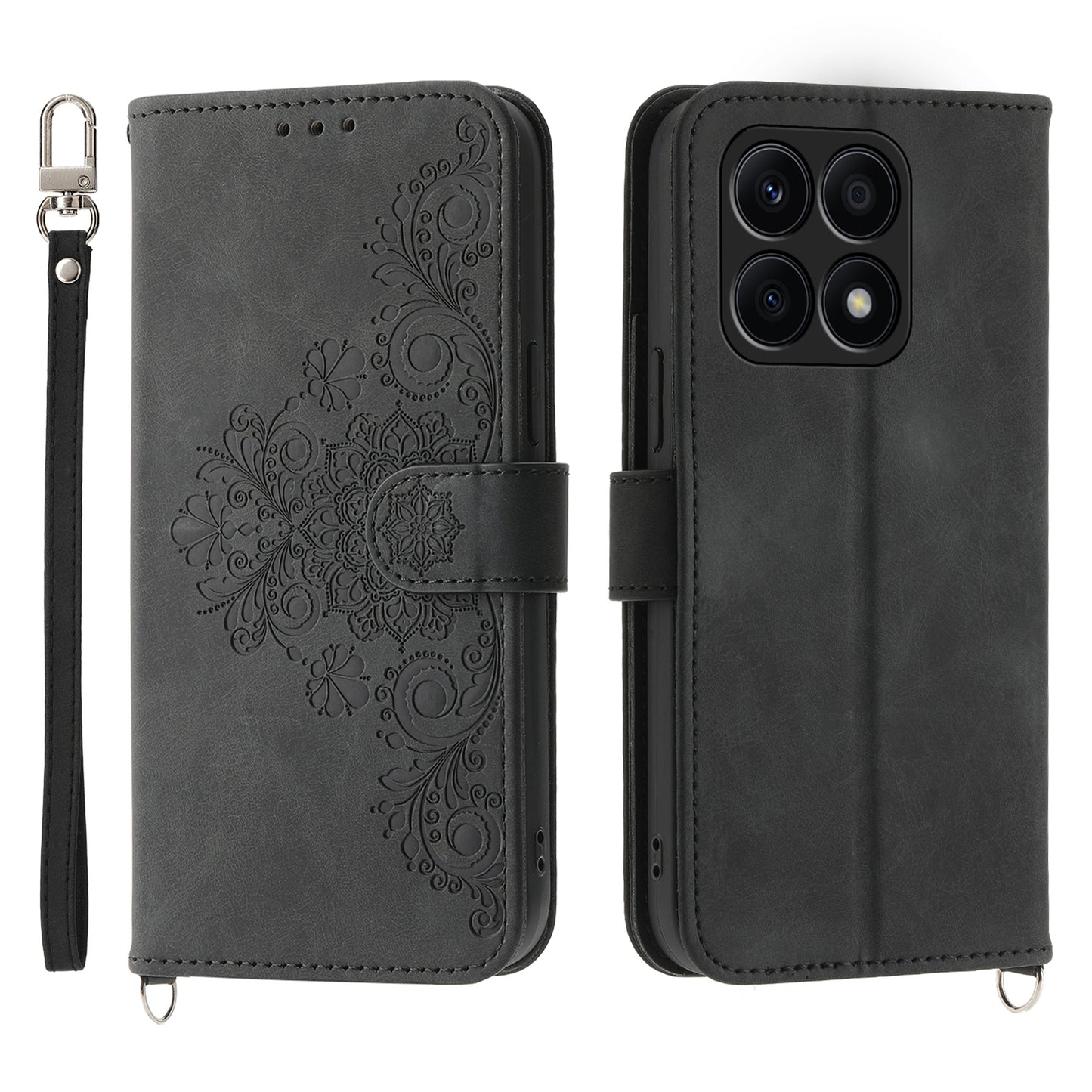 Shockproof Leather Cover for Honor X8a 4G Wallet Phone Case Imprinted Flower Skin-Touch Phone Shell with Strap