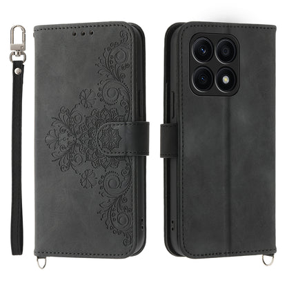 Shockproof Leather Cover for Honor X8a 4G Wallet Phone Case Imprinted Flower Skin-Touch Phone Shell with Strap