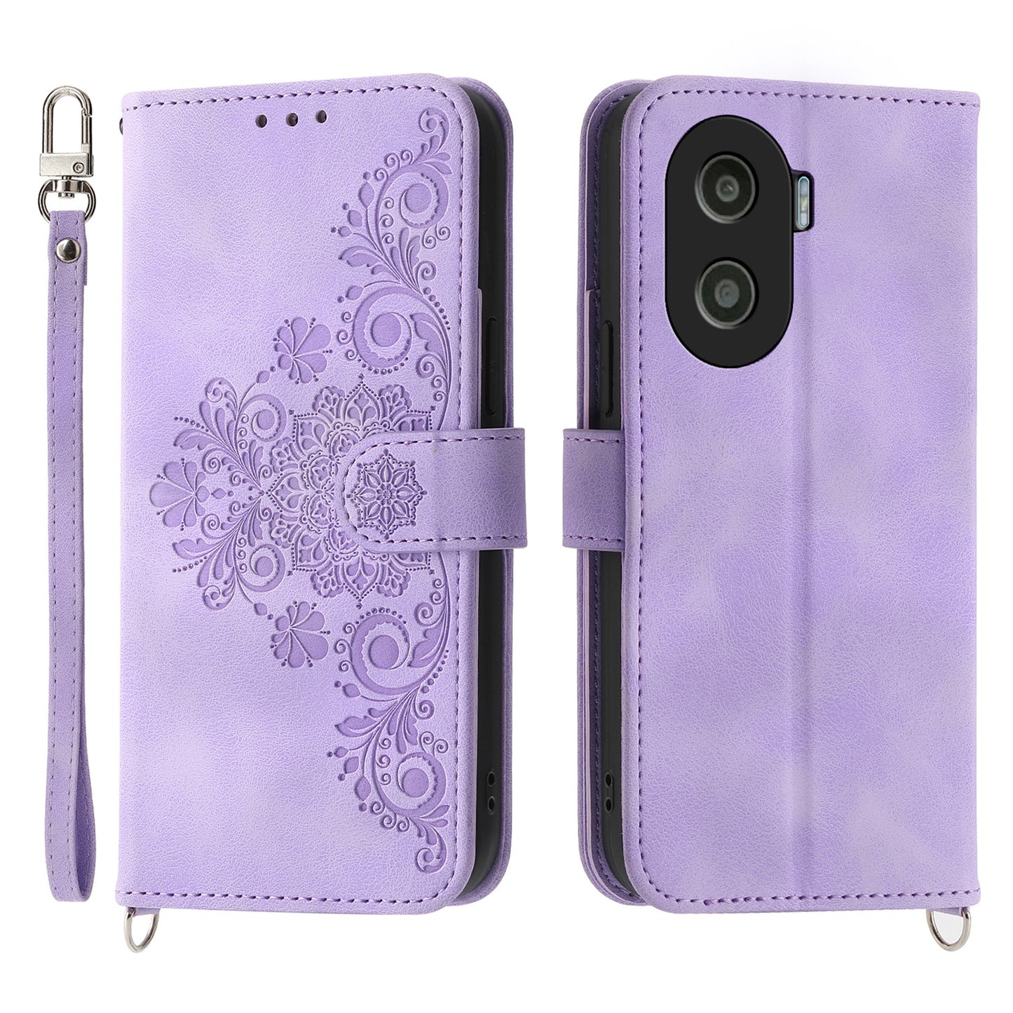 Anti-Drop PU Leather Case for Honor X40i 5G Imprinted Flower Skin-Touch Wallet Phone Cover with Strap