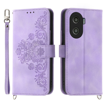 Anti-Drop PU Leather Case for Honor X40i 5G Imprinted Flower Skin-Touch Wallet Phone Cover with Strap